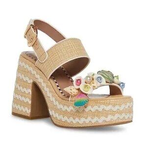 Betsey Johnson Shellie Seashell Embellished Raffia Platform Sandals Size 11